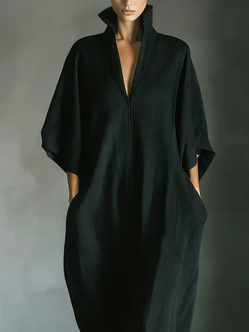 COSTANZA | VESTIDO LARGO NEGRO CON MANGAS TIPO KIMONO Y ESCOTE EN V