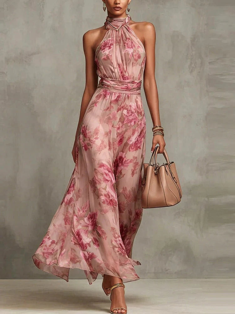 Vestido largo de gasa verde con estampado floral y escote halter