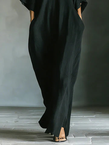 COSTANZA | VESTIDO LARGO NEGRO CON MANGAS TIPO KIMONO Y ESCOTE EN V