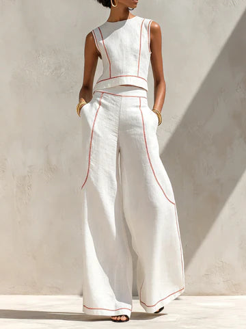 VITTORIA | CONJUNTO BLANCO CON TOP SIN MANGAS Y PANTALÓN DE PIERNA ANCHA