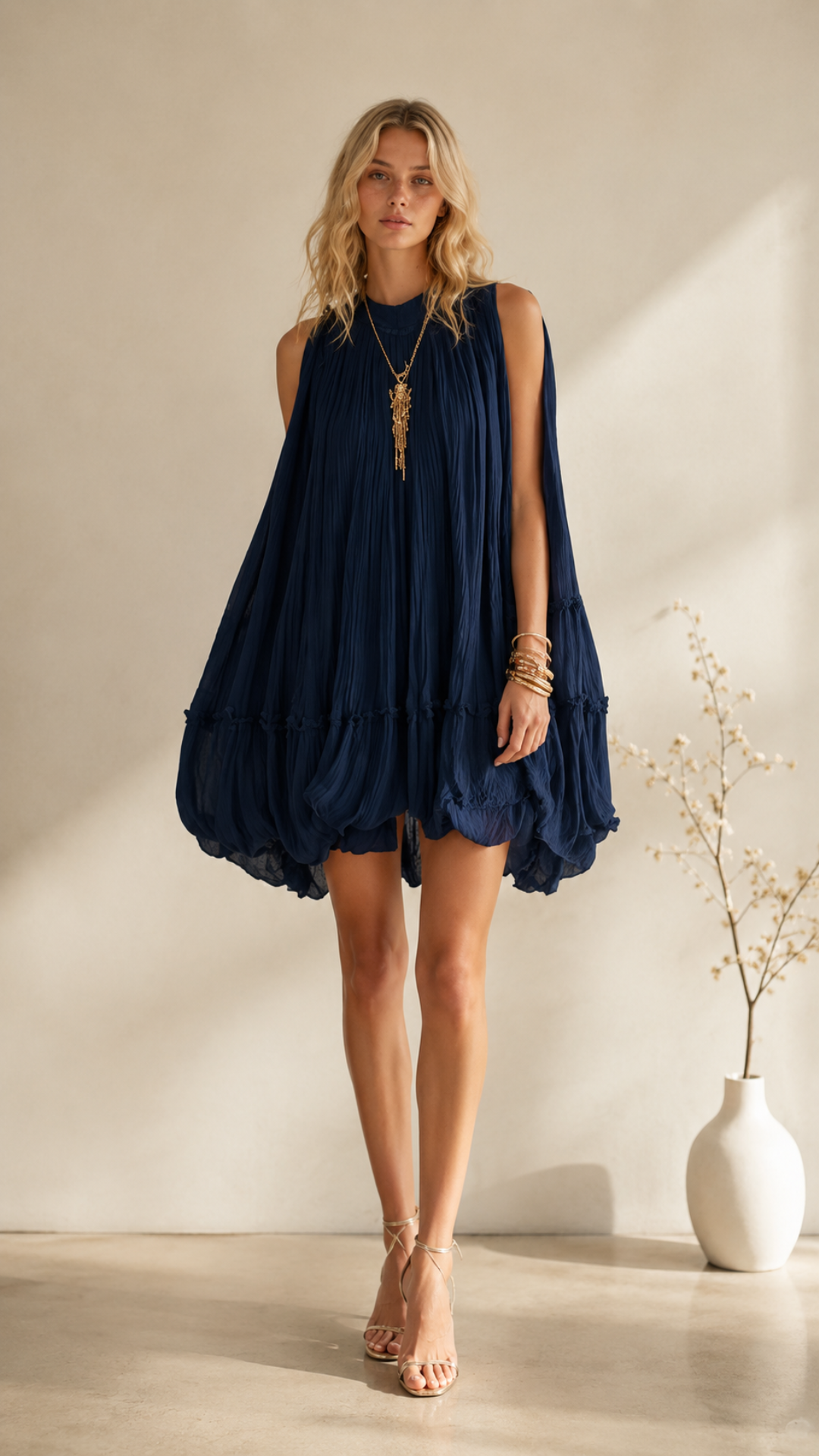 CAMILLA | MINIVESTIDO DE GASA CON CUELLO HALTER Y FALDA ABULLONADA