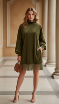 ANA | Vestido de ante con cuello alto y flecos