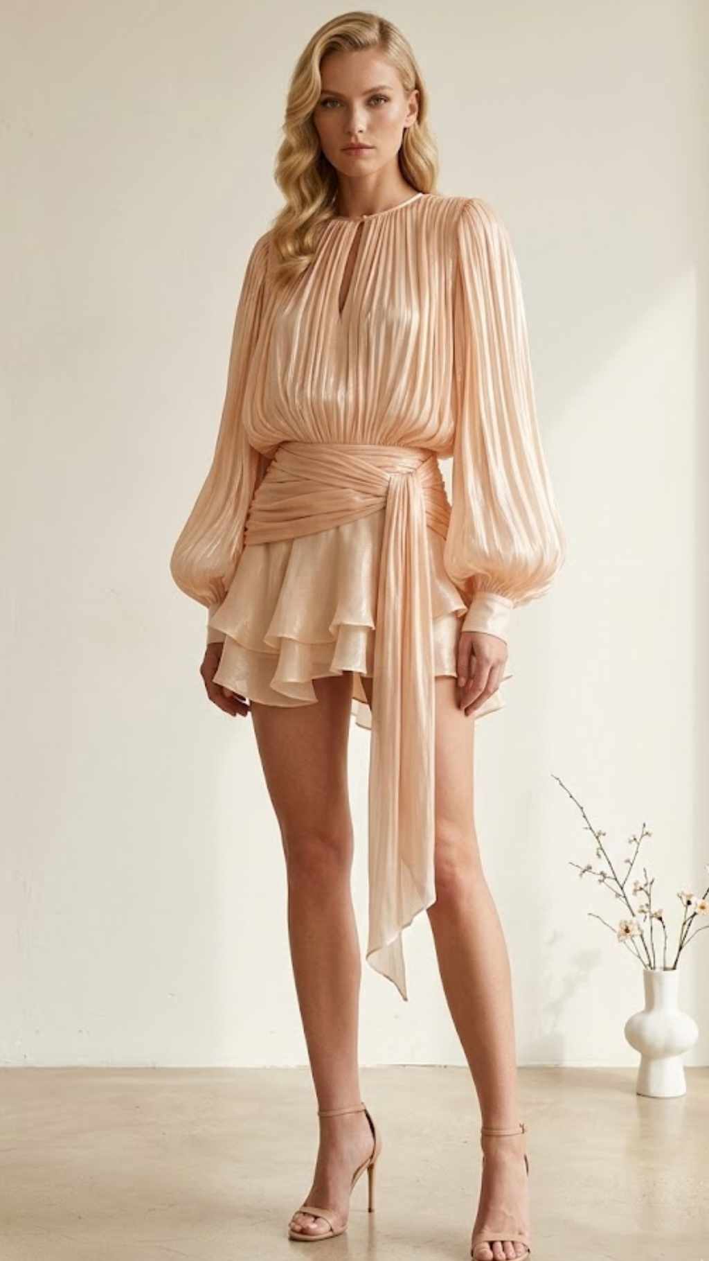 Eugénie - Vestido corto en tono neutro, totalmente plisado con volantes