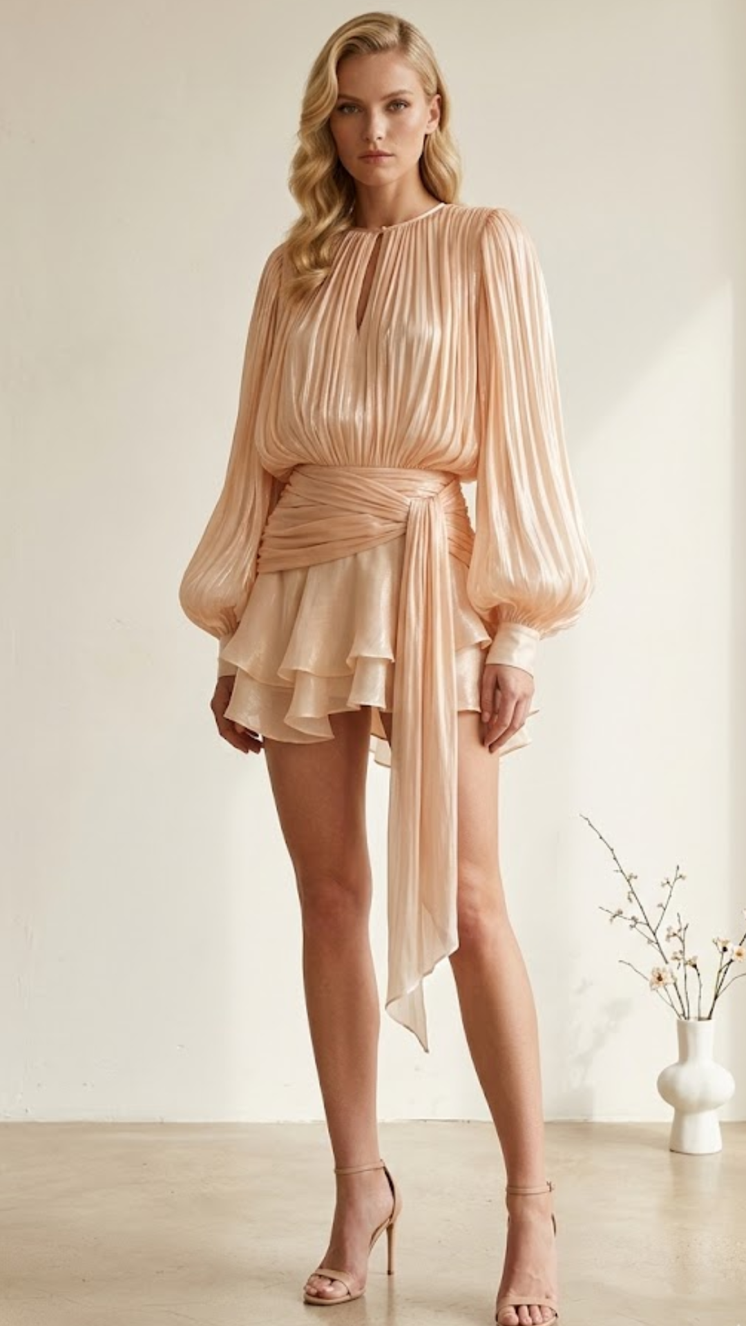 Eugénie - Vestido corto en tono neutro, totalmente plisado con volantes