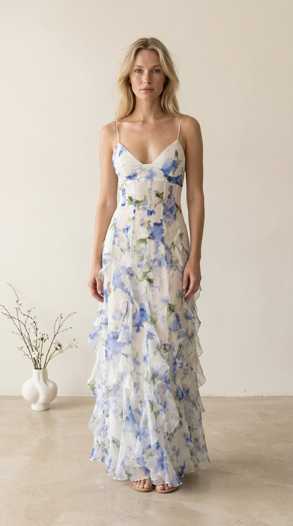 Uri | Vestido midi floral con volantes