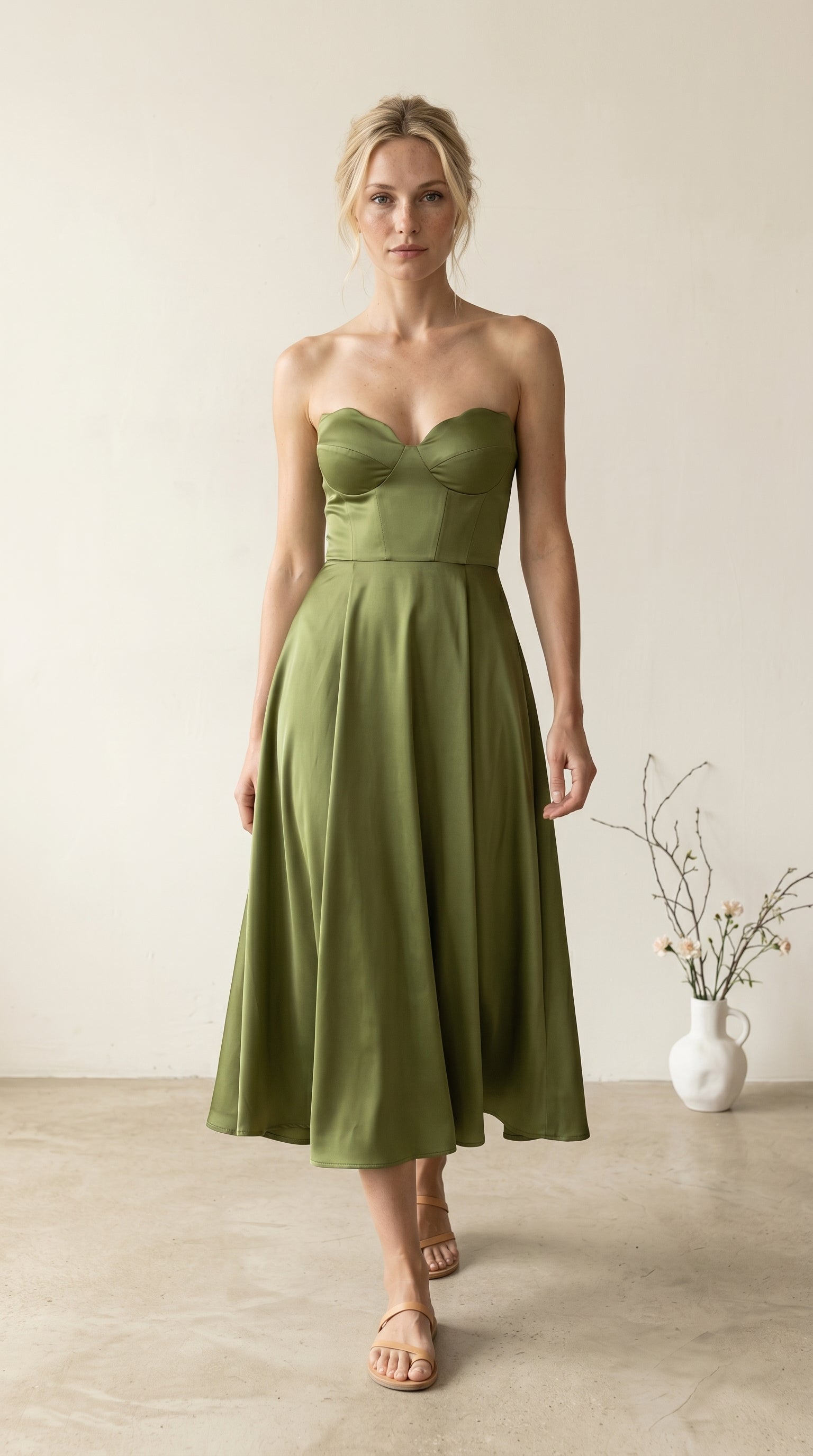 Liora | Vestido midi elegante sin tirantes