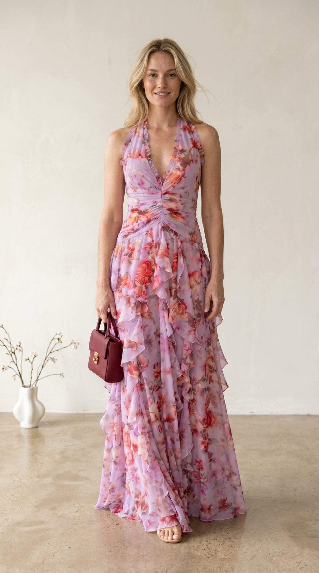 Belladina | Vestido largo romántico con escote halter y cascada de rosas