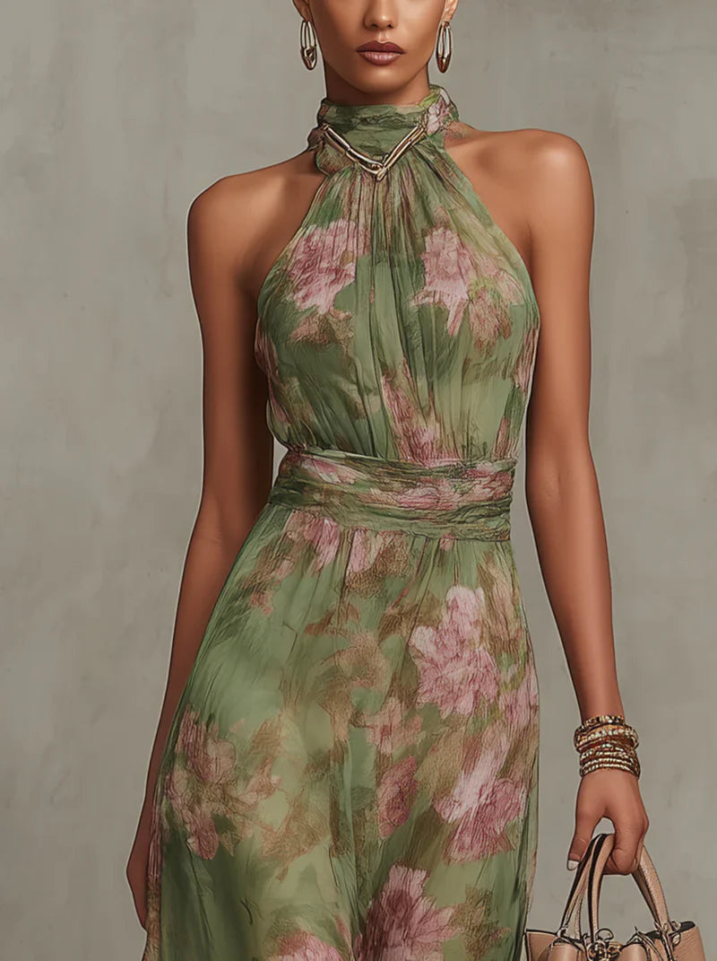 Vestido largo de gasa verde con estampado floral y escote halter