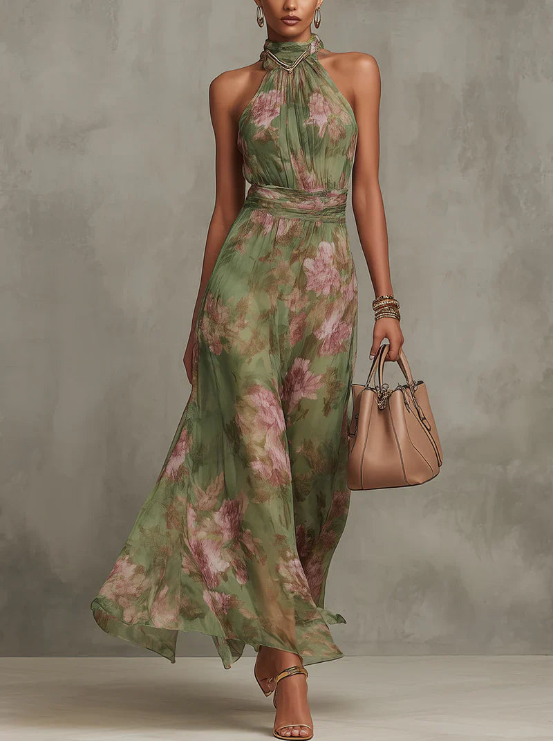 Vestido largo de gasa verde con estampado floral y escote halter