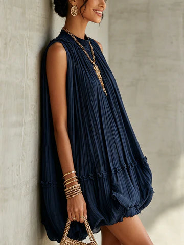 CAMILLA | MINIVESTIDO DE GASA CON CUELLO HALTER Y FALDA ABULLONADA