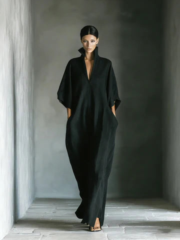 COSTANZA | VESTIDO LARGO NEGRO CON MANGAS TIPO KIMONO Y ESCOTE EN V