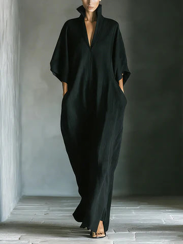 COSTANZA | VESTIDO LARGO NEGRO CON MANGAS TIPO KIMONO Y ESCOTE EN V