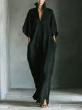 COSTANZA | VESTIDO LARGO NEGRO CON MANGAS TIPO KIMONO Y ESCOTE EN V